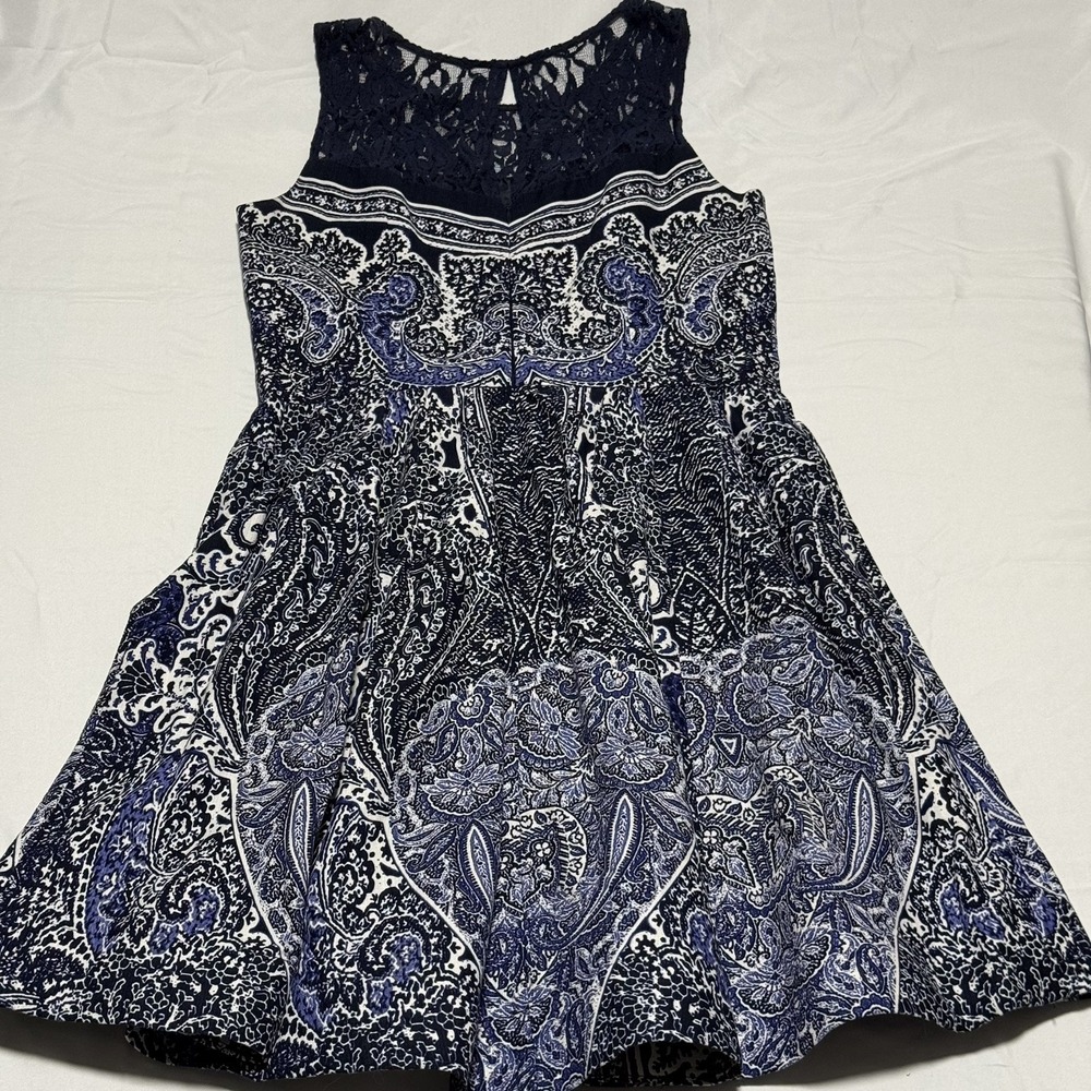 Gabby Skye Navy Blue White Paisley Fit & Flare Dress Size 14 Sleeveless Lace